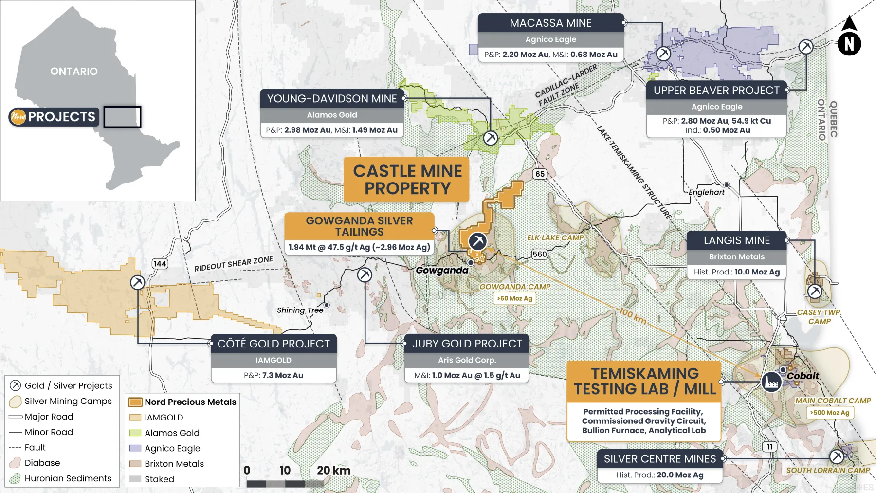 Regional map showing Gowganda Silver Tailings, Castle Mine, and the Temiskaming Testing Lab within the Cobalt-Gowganda camp